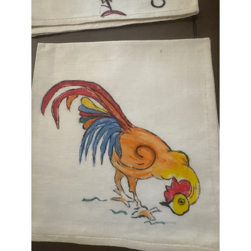 Vintage Hand Painted Rooster Linen Cocktail Napkins Set of 8 Farmhouse Folk Art